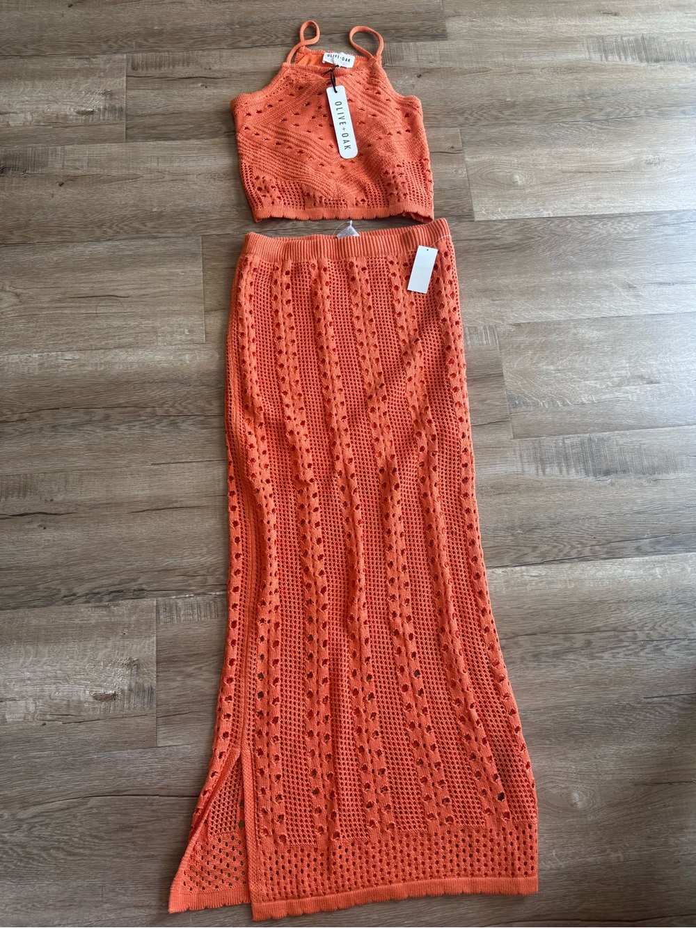 New Olive & Oak Coral-Orange Crochet Maxi Skirt